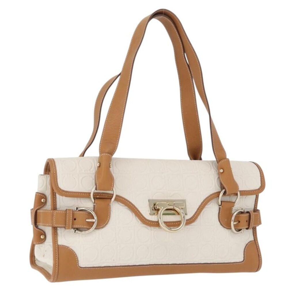 Salvatore Ferragamo Gancini Top Handle Canvas White Pvc Handbag - Picture 1 of 16